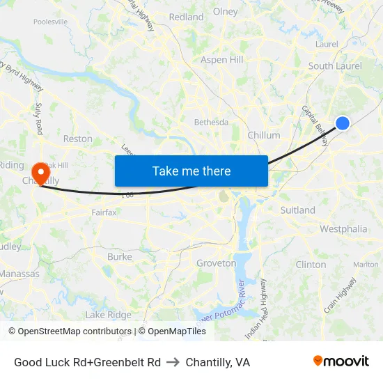 Good Luck Rd+Greenbelt Rd to Chantilly, VA map