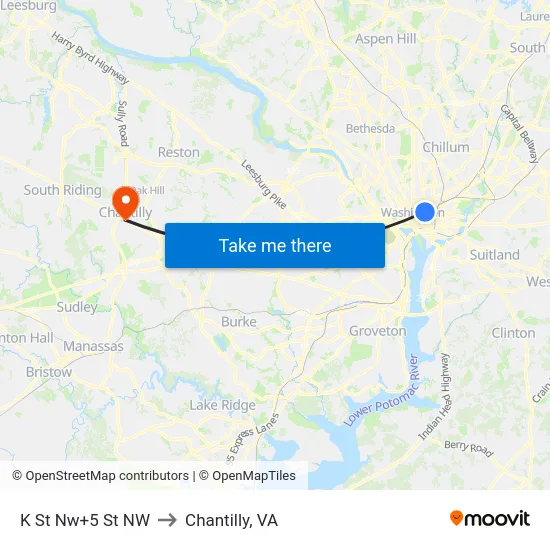 K St Nw+5 St NW to Chantilly, VA map