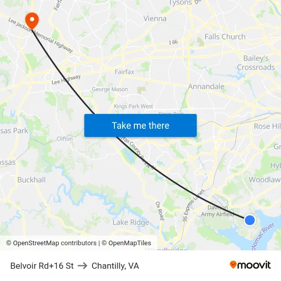Belvoir Rd+16 St to Chantilly, VA map