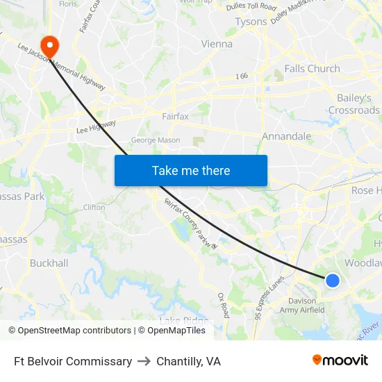 Ft Belvoir Commissary to Chantilly, VA map