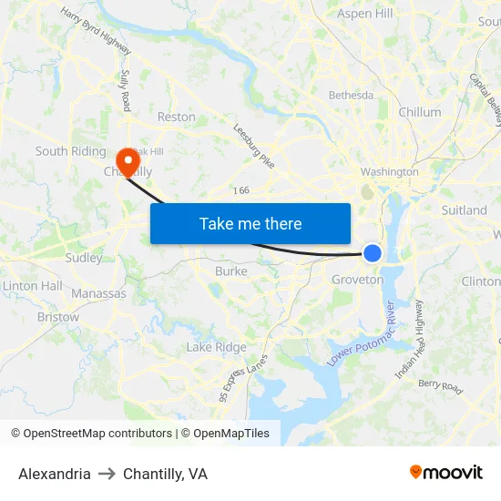 Alexandria to Chantilly, VA map