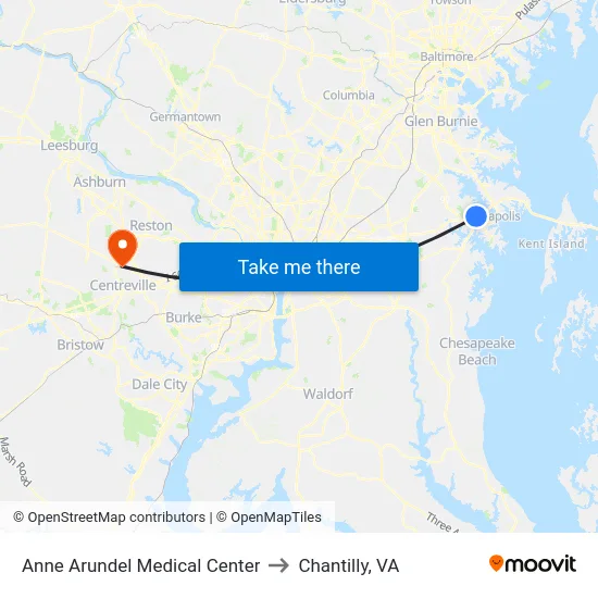 Anne Arundel Medical Center to Chantilly, VA map