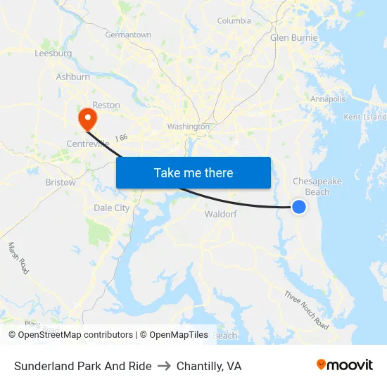Sunderland Park And Ride to Chantilly, VA map