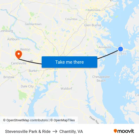 Stevensville Park & Ride to Chantilly, VA map