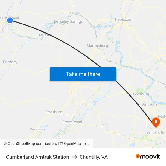 Cumberland Amtrak Station to Chantilly, VA map
