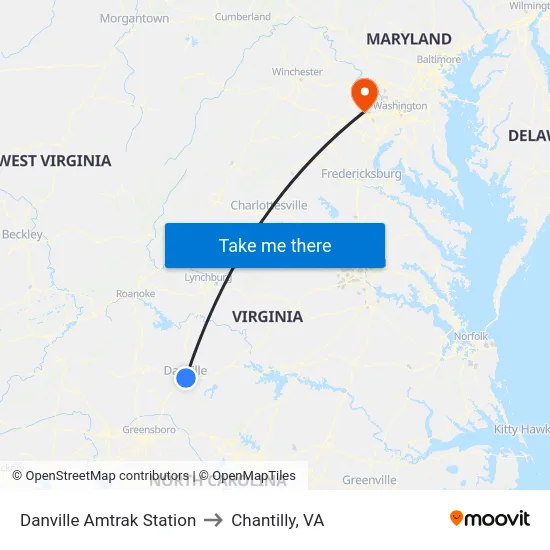 Danville Amtrak Station to Chantilly, VA map