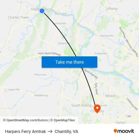 Harpers Ferry Amtrak to Chantilly, VA map