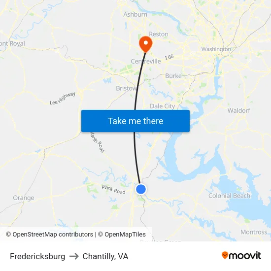 Fredericksburg to Chantilly, VA map