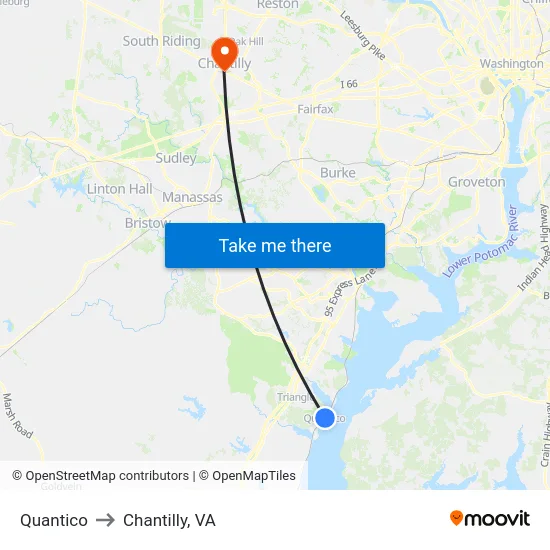 Quantico to Chantilly, VA map