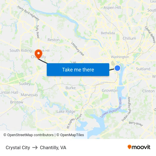 Crystal City to Chantilly, VA map