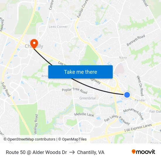 Route 50 @ Alder Woods Dr to Chantilly, VA map