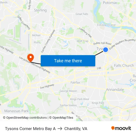 Tysons Corner Metro Bay A to Chantilly, VA map