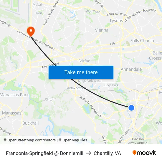 Franconia-Springfield @ Bonniemill to Chantilly, VA map