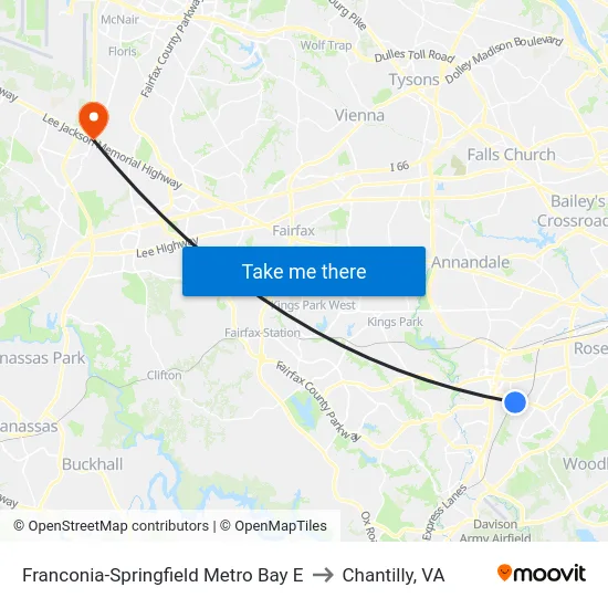 Franconia-Springfield Metro Bay E to Chantilly, VA map