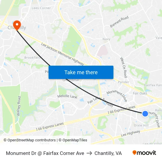 Monument Dr @ Fairfax Corner Ave to Chantilly, VA map