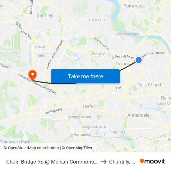Chain Bridge Rd @ Mclean Commons Ct to Chantilly, VA map