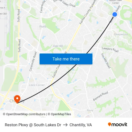 Reston Pkwy @ South Lakes Dr to Chantilly, VA map