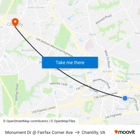 Monument Dr @ Fairfax Corner Ave to Chantilly, VA map