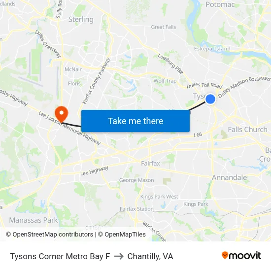 Tysons Corner Metro Bay F to Chantilly, VA map