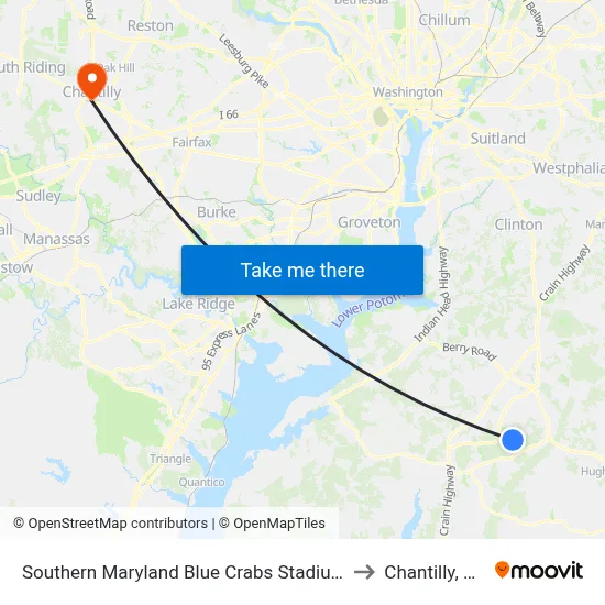 Southern Maryland Blue Crabs Stadium to Chantilly, VA map
