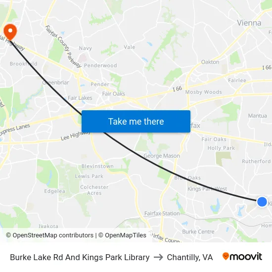 Burke Lake Rd And Kings Park Library to Chantilly, VA map