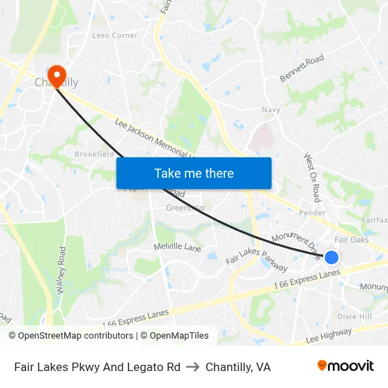 Fair Lakes Pkwy And Legato Rd to Chantilly, VA map