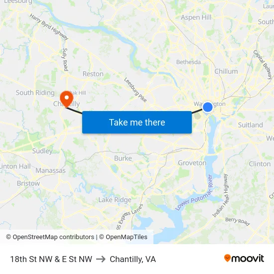 18th St NW & E St NW to Chantilly, VA map