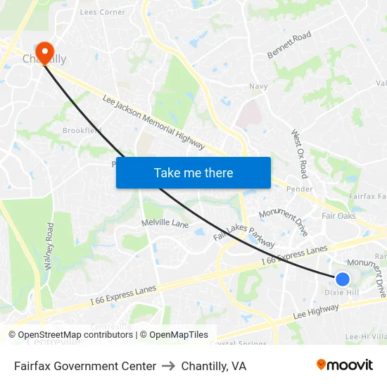 Fairfax Government Center to Chantilly, VA map