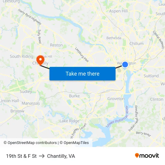 19th St & F St to Chantilly, VA map