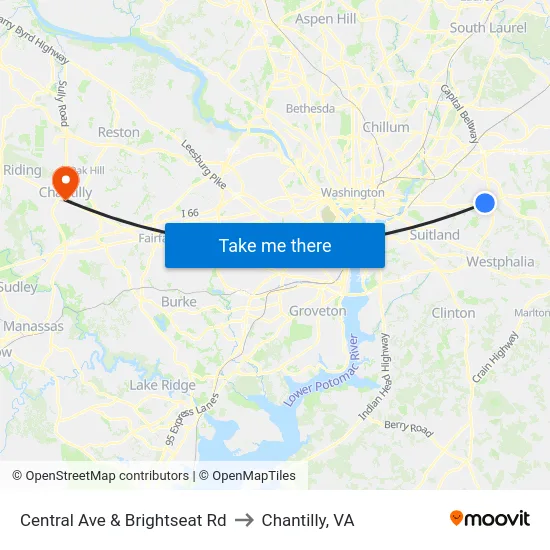 Central Ave & Brightseat Rd to Chantilly, VA map