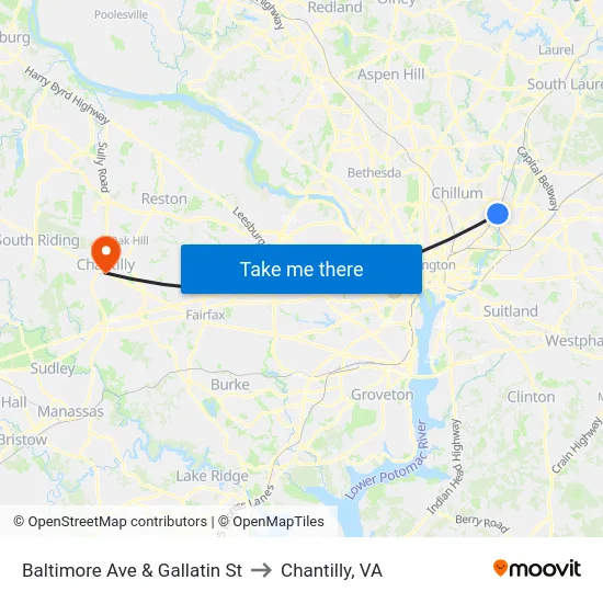 Baltimore Ave & Gallatin St to Chantilly, VA map