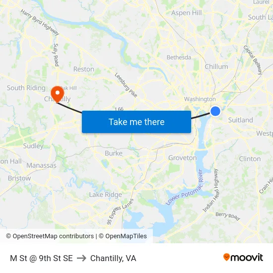 M St @ 9th St SE to Chantilly, VA map