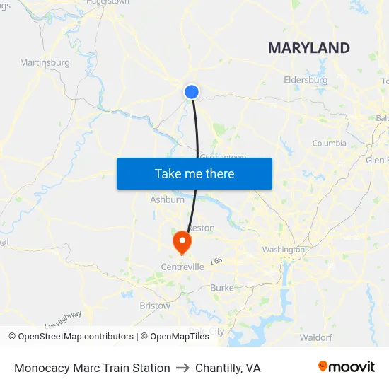 Monocacy Marc Train Station to Chantilly, VA map