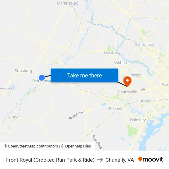 Front Royal (Crooked Run Park & Ride) to Chantilly, VA map
