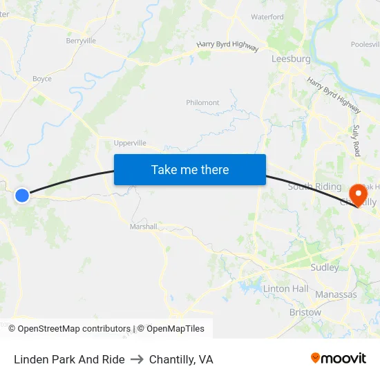 Linden Park And Ride to Chantilly, VA map