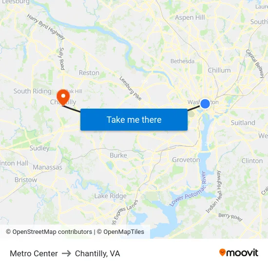 Metro Center to Chantilly, VA map