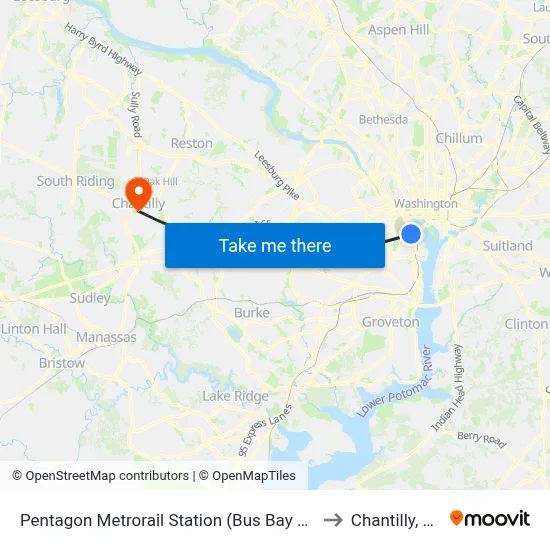 Pentagon Metrorail Station (Bus Bay L7) to Chantilly, VA map