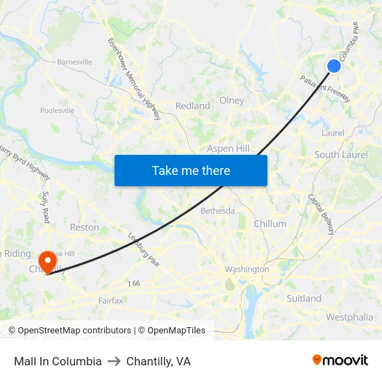 Mall In Columbia to Chantilly, VA map