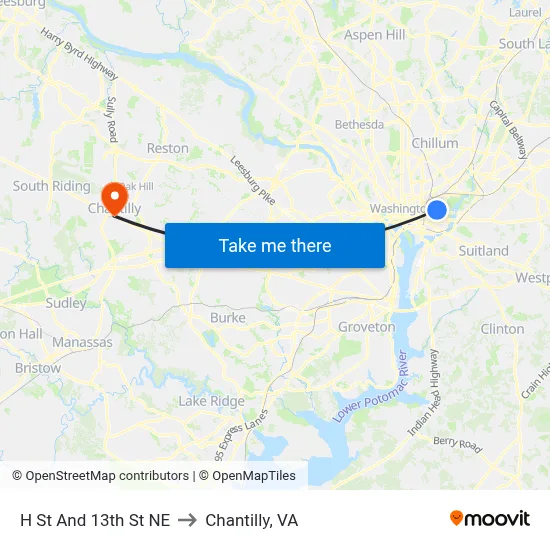 H St And 13th St NE to Chantilly, VA map