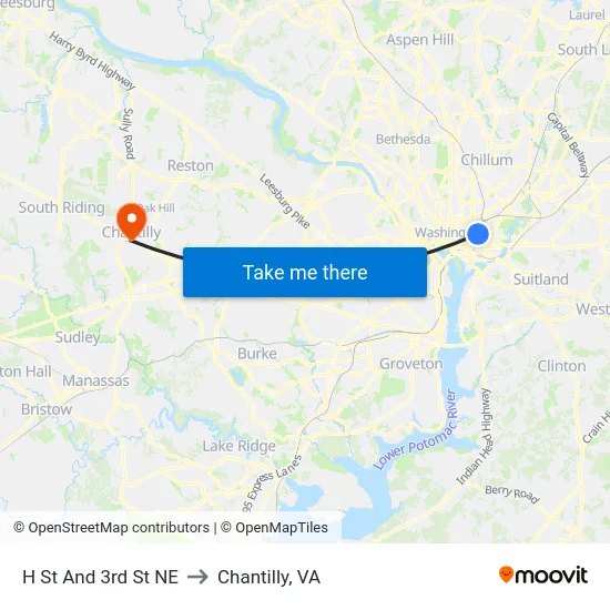 H St And 3rd St NE to Chantilly, VA map