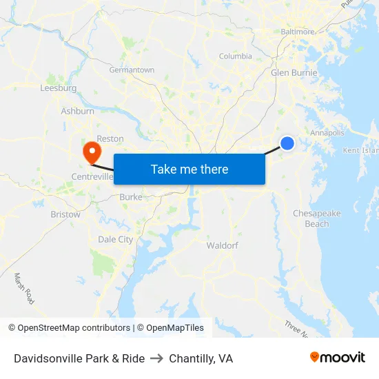Davidsonville Park & Ride to Chantilly, VA map