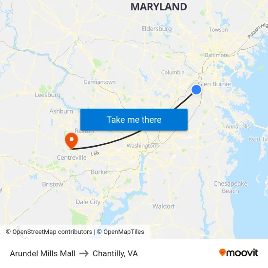 Arundel Mills Mall to Chantilly, VA map