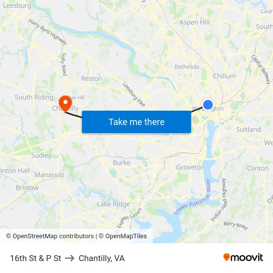 16th St & P St to Chantilly, VA map