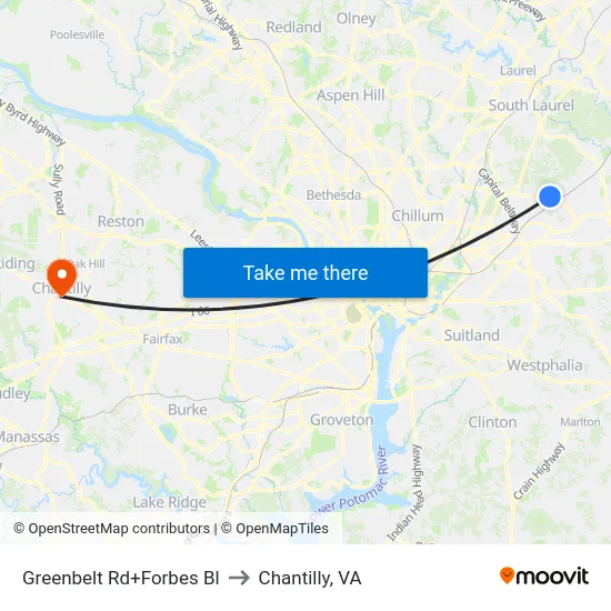 Greenbelt Rd+Forbes Bl to Chantilly, VA map