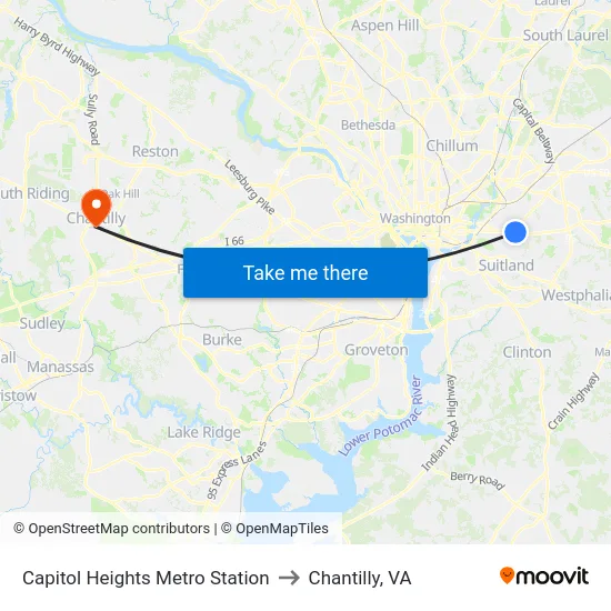 Capitol Heights Metro Station to Chantilly, VA map