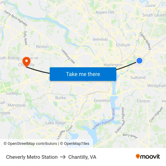 Cheverly Metro Station to Chantilly, VA map
