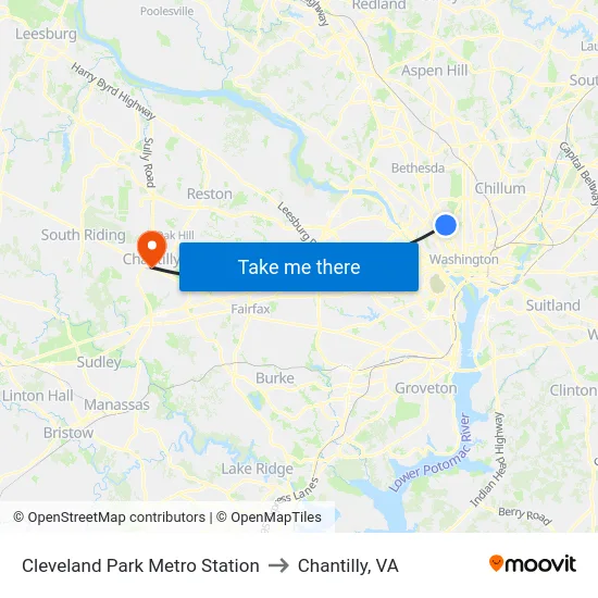 Cleveland Park Metro Station to Chantilly, VA map