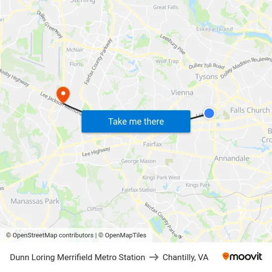 Dunn Loring Merrifield Metro Station to Chantilly, VA map