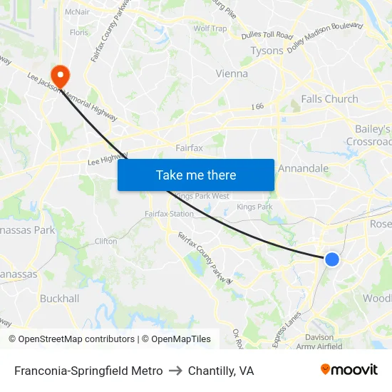 Franconia-Springfield Metro to Chantilly, VA map