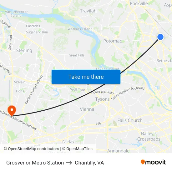 Grosvenor Metro Station to Chantilly, VA map